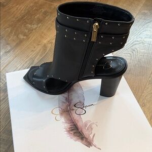 Jessica Simpson Black Heeled Boots with Gold Accents